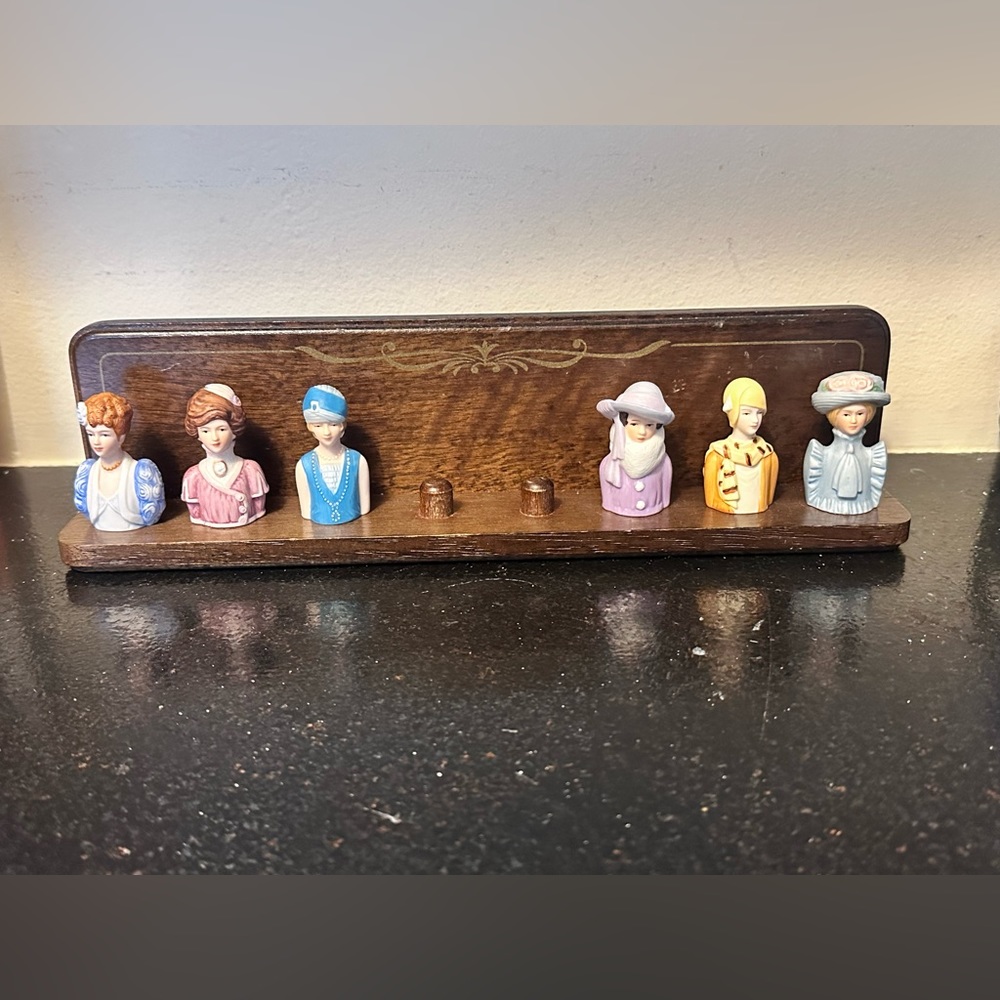 AVON Lady THIMBLES Set Of 6, Woman Thimble Collection with Wood Display.